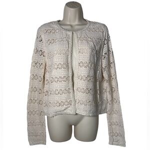 Mystree Cream Crochet Lined Women's Boho Cardigan Sweater 100% Cotton Outer SZ L
